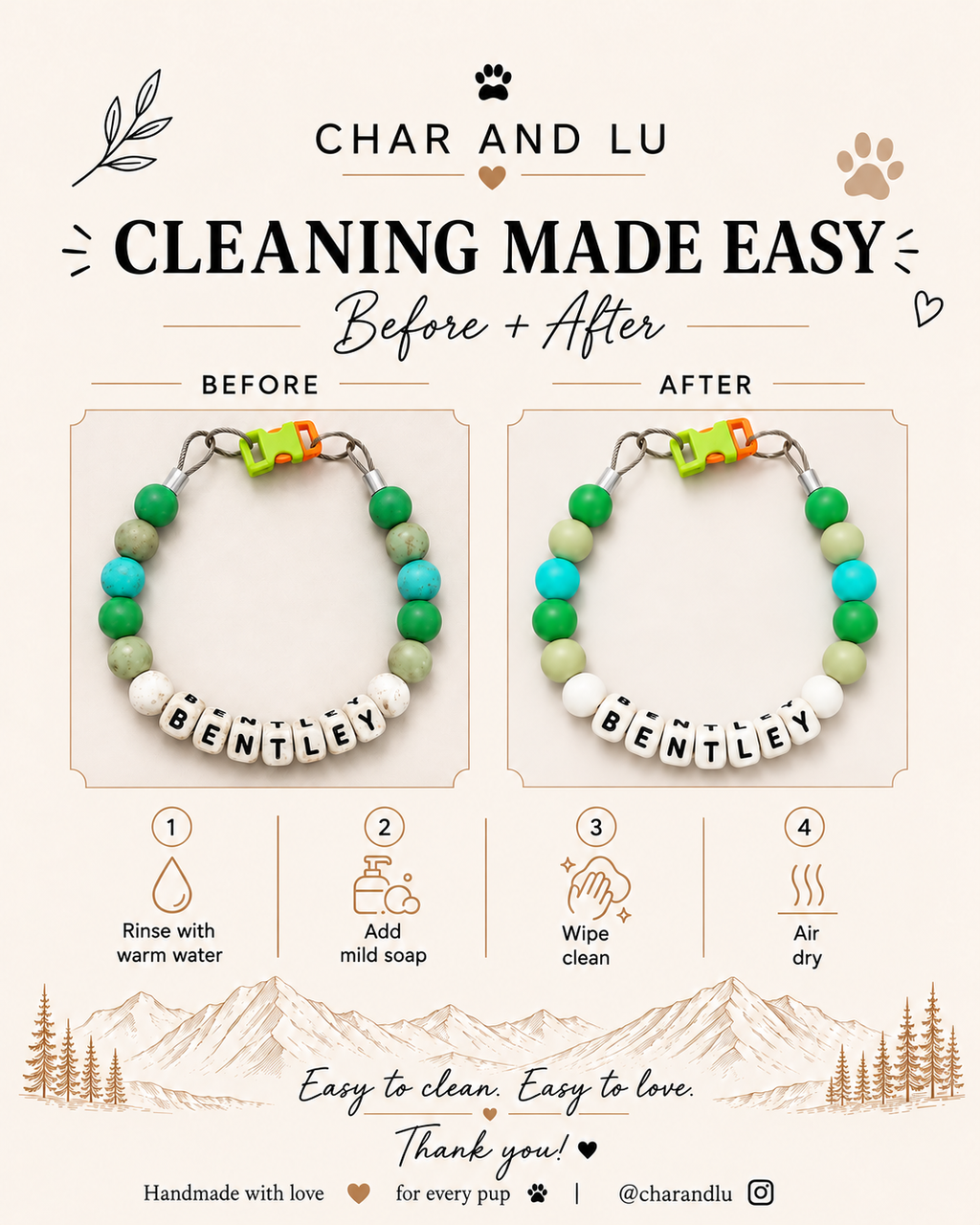 Char and Lu beaded dog necklace care guide: rinse with warm water, add mild soap, wipe clean, and air dry.
