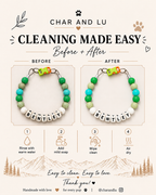 Char and Lu beaded dog necklace care guide: rinse with warm water, add mild soap, wipe clean, and air dry.