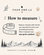 Char and Lu guide to measuring a well-fitting dog necklace: measure a favorite collar end to end, excluding the buckle, and size up when between sizes.