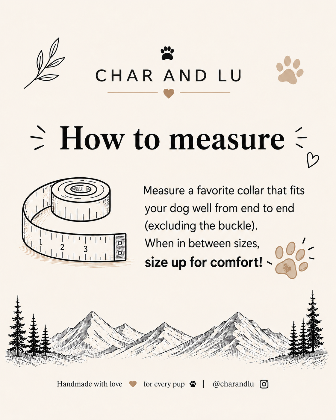 Char and Lu guide to measuring a well-fitting dog necklace: measure a favorite collar end to end, excluding the buckle, and size up when between sizes.