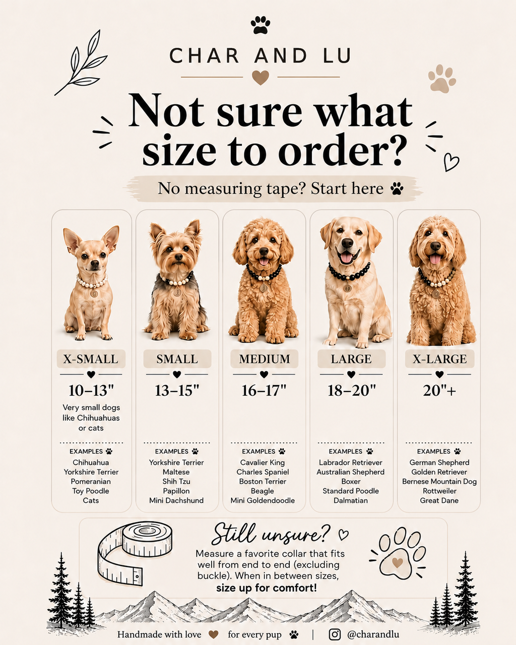 Char and Lu dog necklace size guide with extra small through extra large measurements and breed examples.