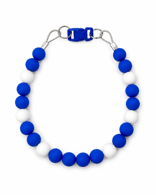 Blue and white Pawsch beaded dog necklace without personalization on a white background