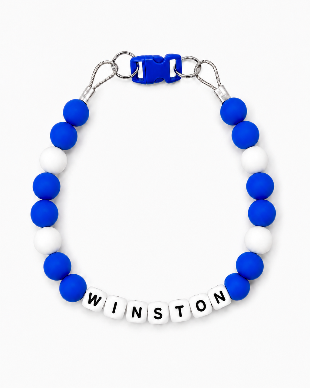 Blue and white Pawsch beaded dog necklace personalized with the name WINSTON on a white background