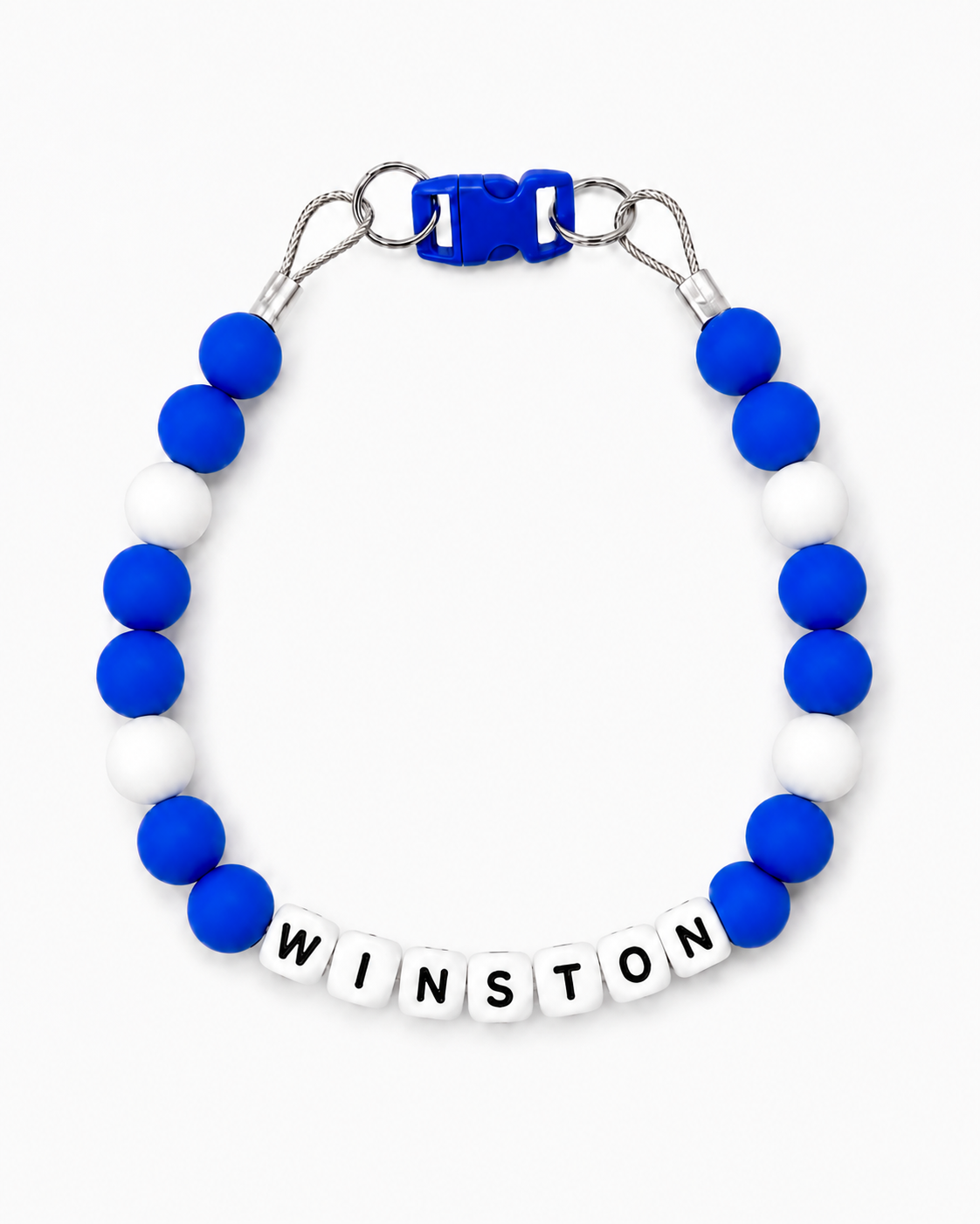 Blue and white Pawsch beaded dog necklace personalized with the name WINSTON on a white background