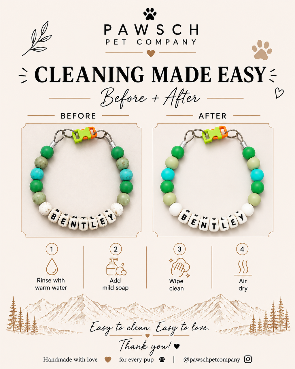 Pawsch Pet Company care guide showing how to clean a beaded pet necklace: rinse with warm water, add mild soap, wipe clean, and air dry.
