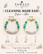 Pawsch Pet Company care guide showing how to clean a beaded pet necklace: rinse with warm water, add mild soap, wipe clean, and air dry.