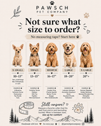 Pawsch Pet Company dog necklace size guide with extra small through extra large measurements and fit examples