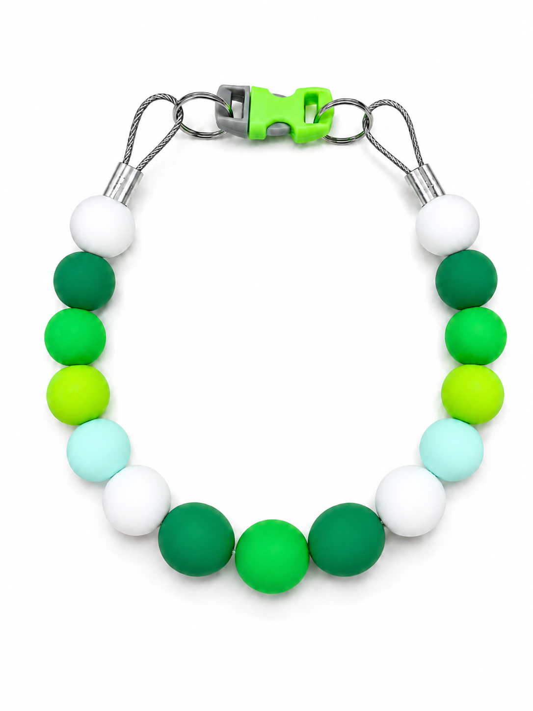 Green, lime, aqua and white Pawsch beaded dog necklace without personalization on a white background