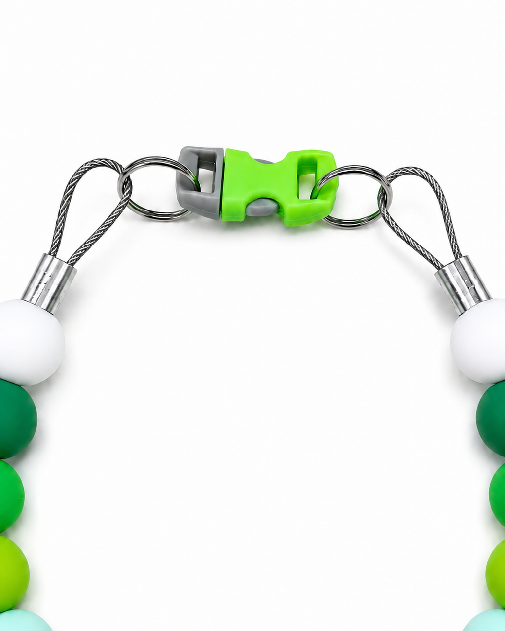 Close-up of the Green Pawsch beaded dog necklace showing the lime clasp, silver rings, cable, crimps, and green, aqua and white beads