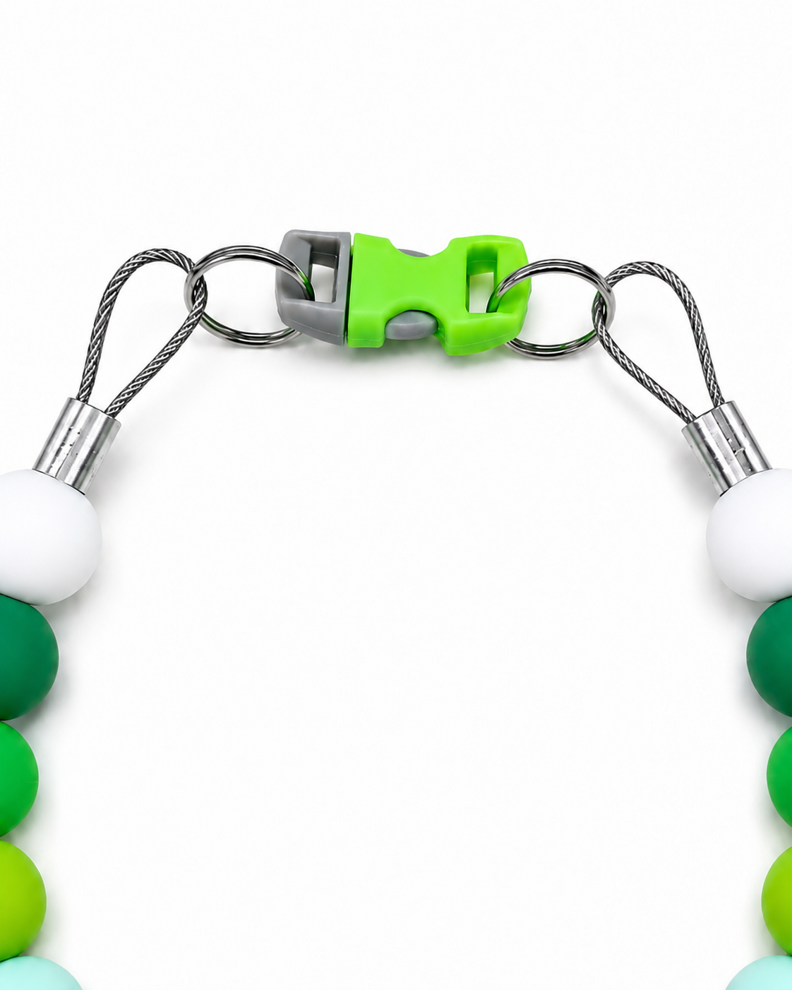 Close-up of the Green Pawsch beaded dog necklace showing the lime clasp, silver rings, cable, crimps, and green, aqua and white beads