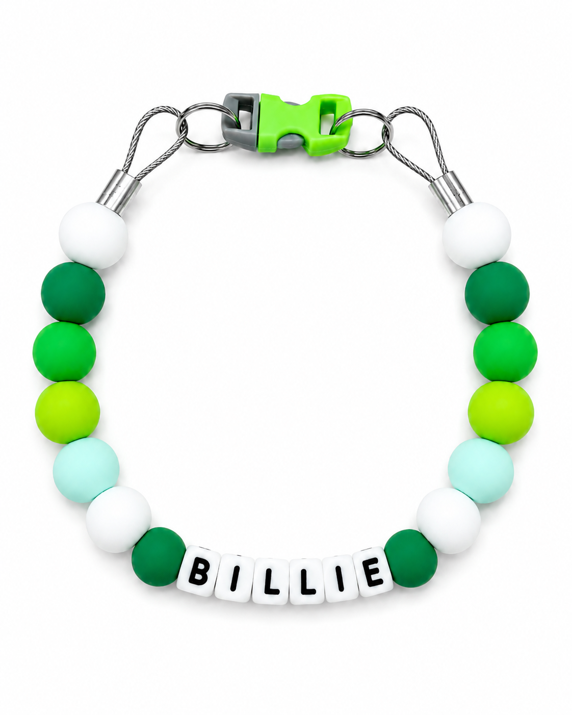 Green, lime, aqua and white Pawsch beaded dog necklace personalized with the name BILLIE on a white background