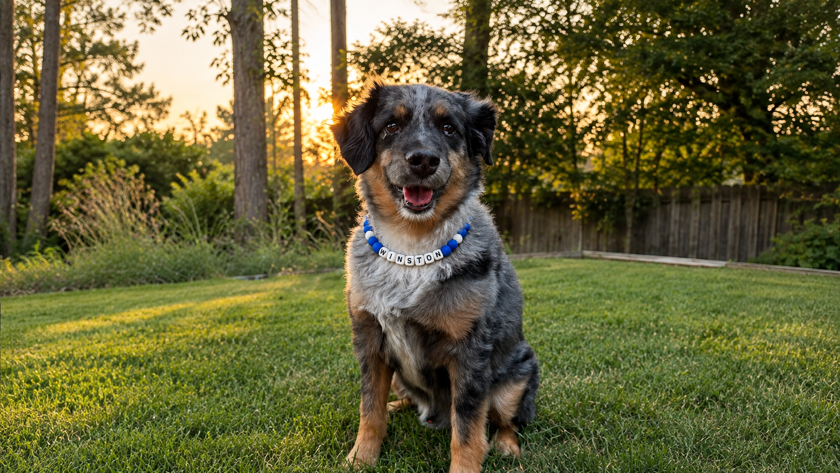 Winston wearing a blue personalized Pawsch beaded dog necklace in a backyard