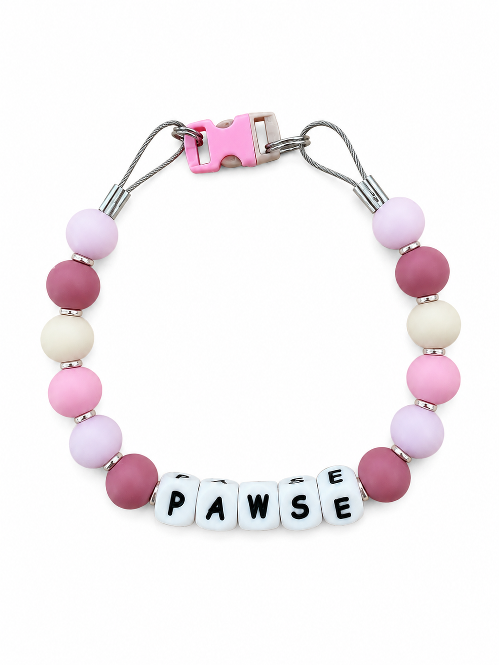 Blush, mauve, lavender and cream Pawsch beaded dog necklace personalized with the name PAWSE on a white background