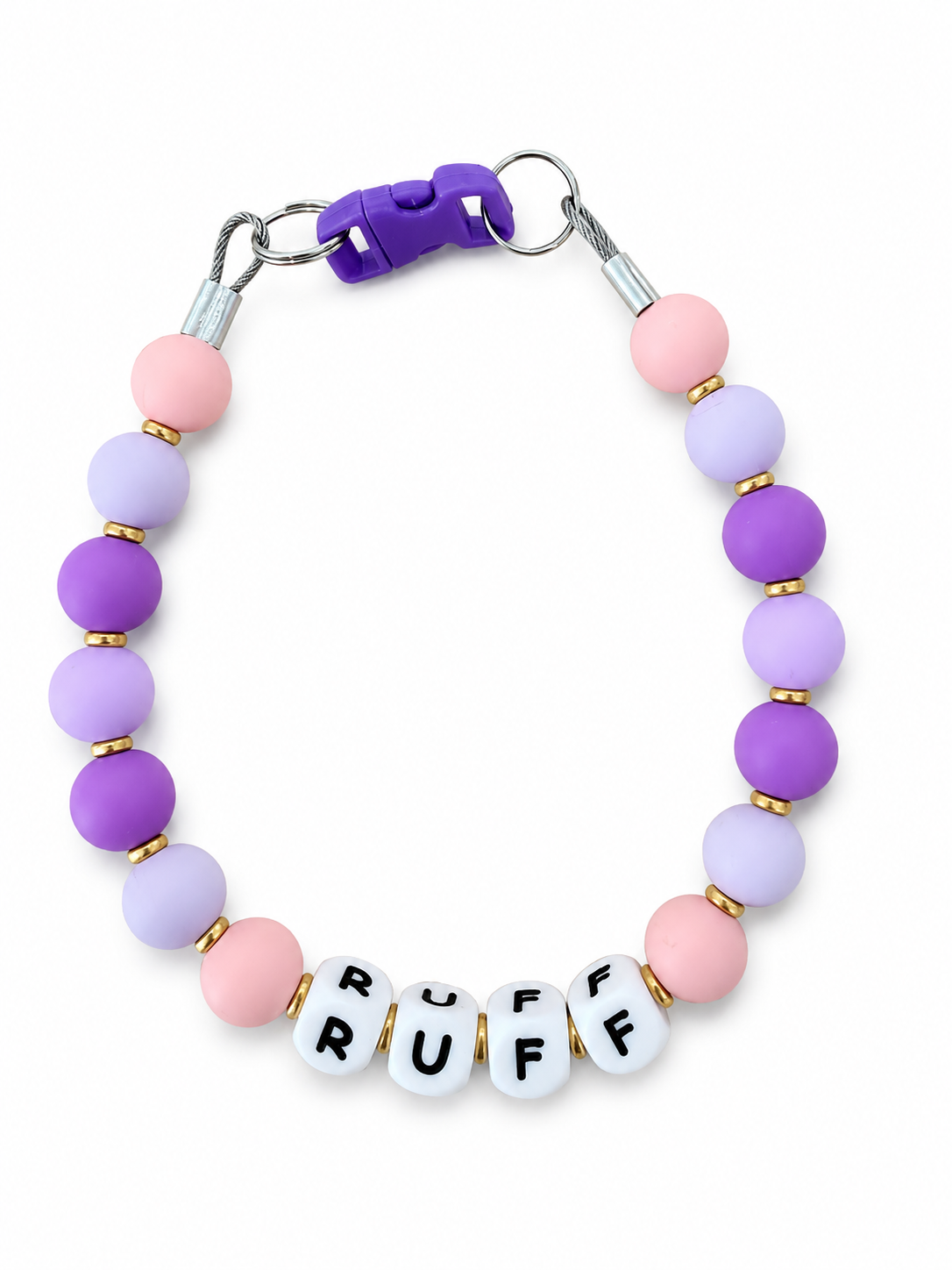 Pink, lavender and purple Pawsch beaded dog necklace personalized with the name RUFF on a white background