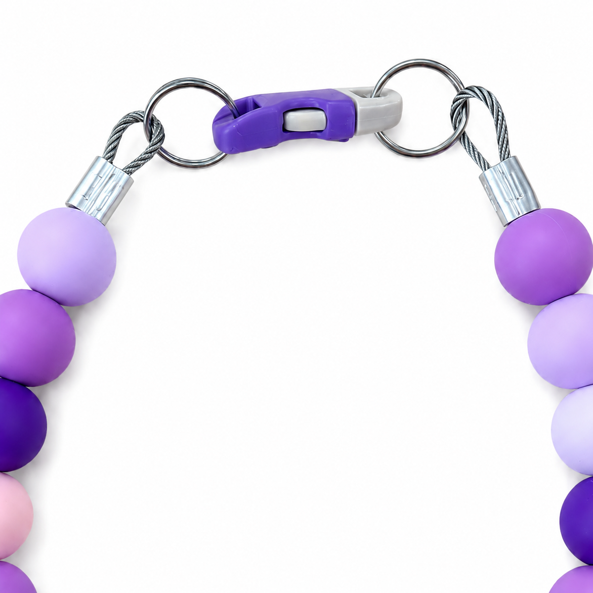 Close-up of the Purple Pawsch beaded dog necklace showing the purple clasp, silver rings, cable, crimps, and purple and pink beads